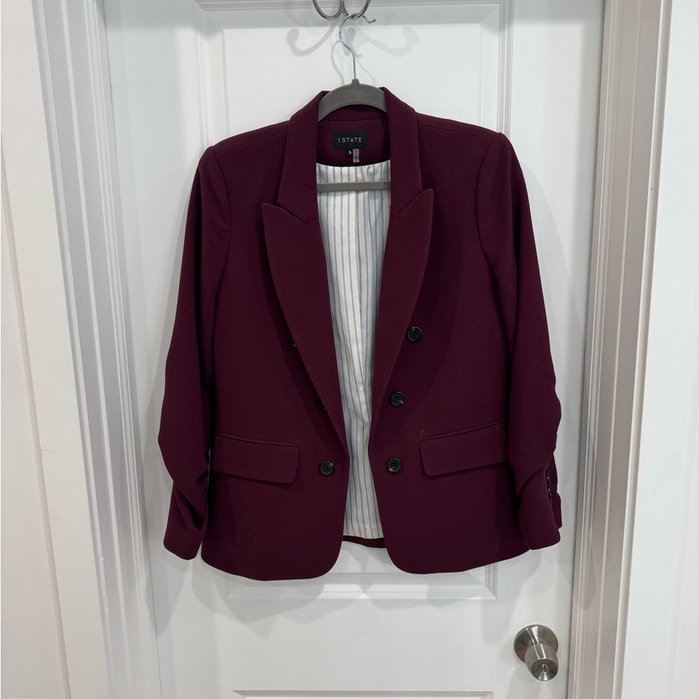 1. State Women's Burgundy Blazer with Ruched Sleeves